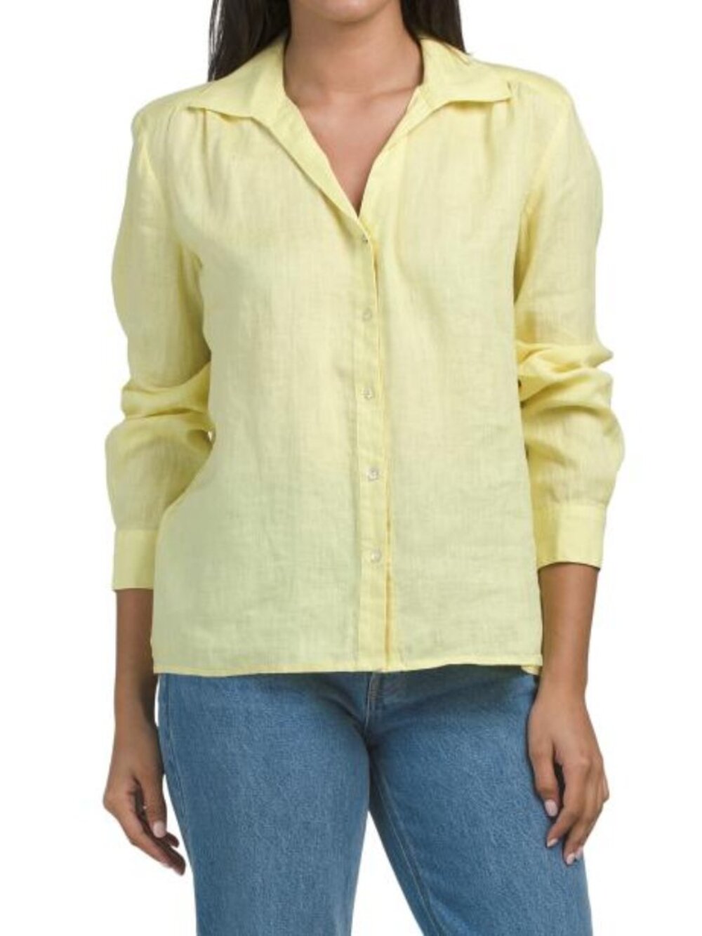 ELIE TAHARI Linen Long Sleeve Collared Split Neck Hi-lo Hem Button Down Shirt